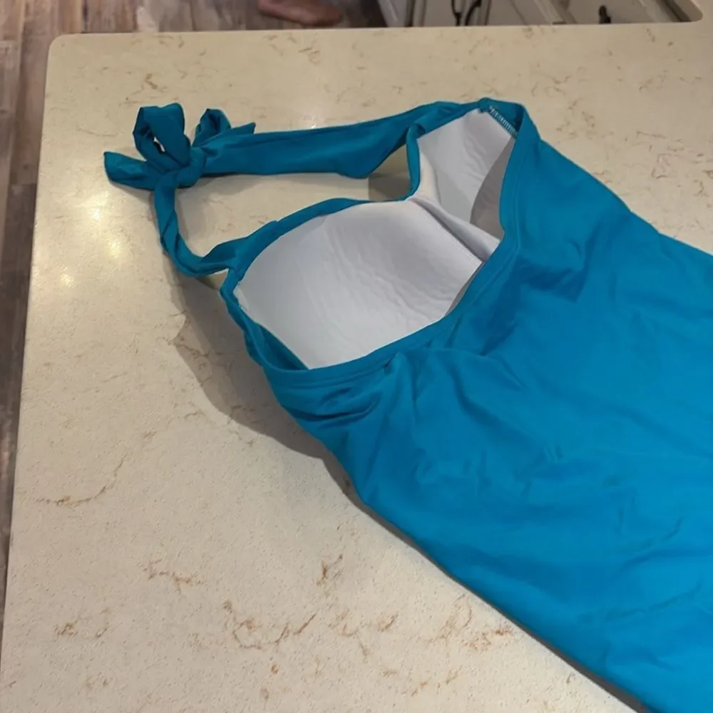 Jantzen Teal Swimsuit bejeweled chest one piece halter top SZ 16 Jeweled sequins